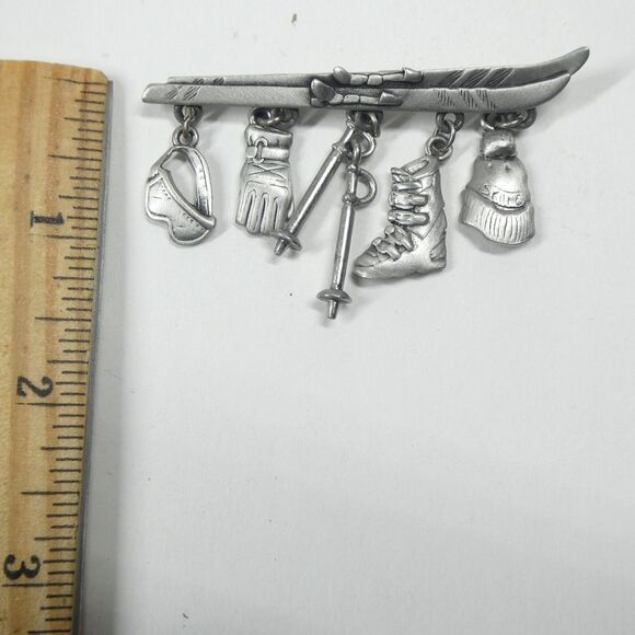 JJ Skier Pin Pewter Skiing Dangle Charms Vintage Skis Jonette - Picture 5 of 7